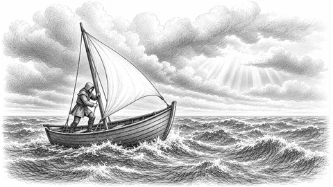 Ink drawing of a figure at the mast of a sailboat as sunlight breaks through the clouds