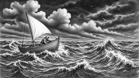 Ink drawing of a sailboat on dark, churning waves under a stormy night sky