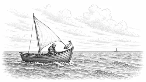 Ink drawing of a sailboat on calmer water with a bird on the bow and a lighthouse far away